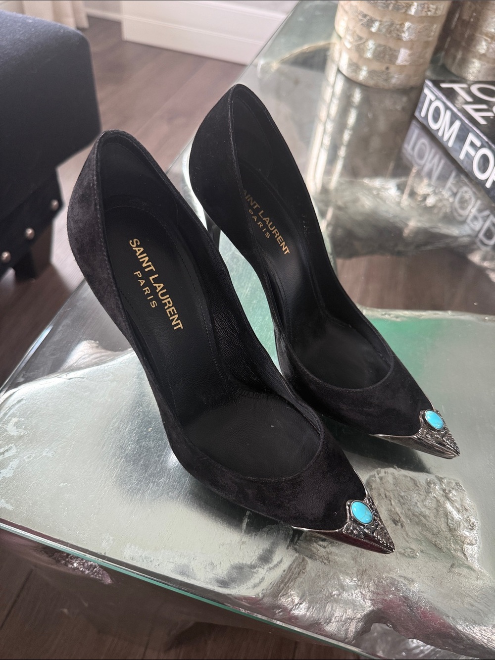 Saint Laurent Black Cashmere Pointed Toe Pump with Turquoise Accent Stone